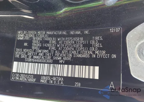 2008 Toyota Sequoia Sr5 5.7L V8 from USA, damaged, VIN 5TDBY64A68S003680